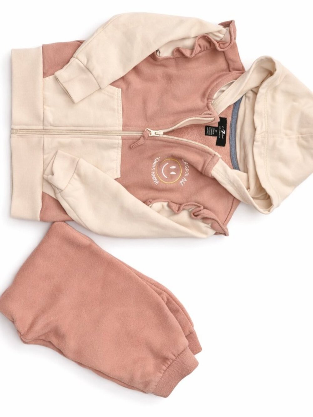 ✨7 For All Mankind-Hoodie Jogger Set Neutral Pink Cream Ruffle Zip Up Size 3T✨